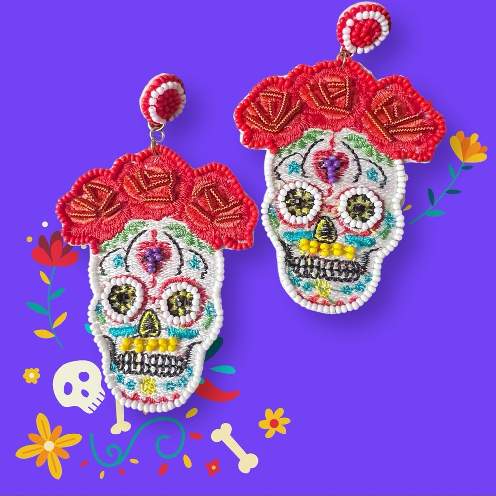 Dia De Los Muertos Earrings, Sugar Skull Seed Bead Dangle Boutique Earrings